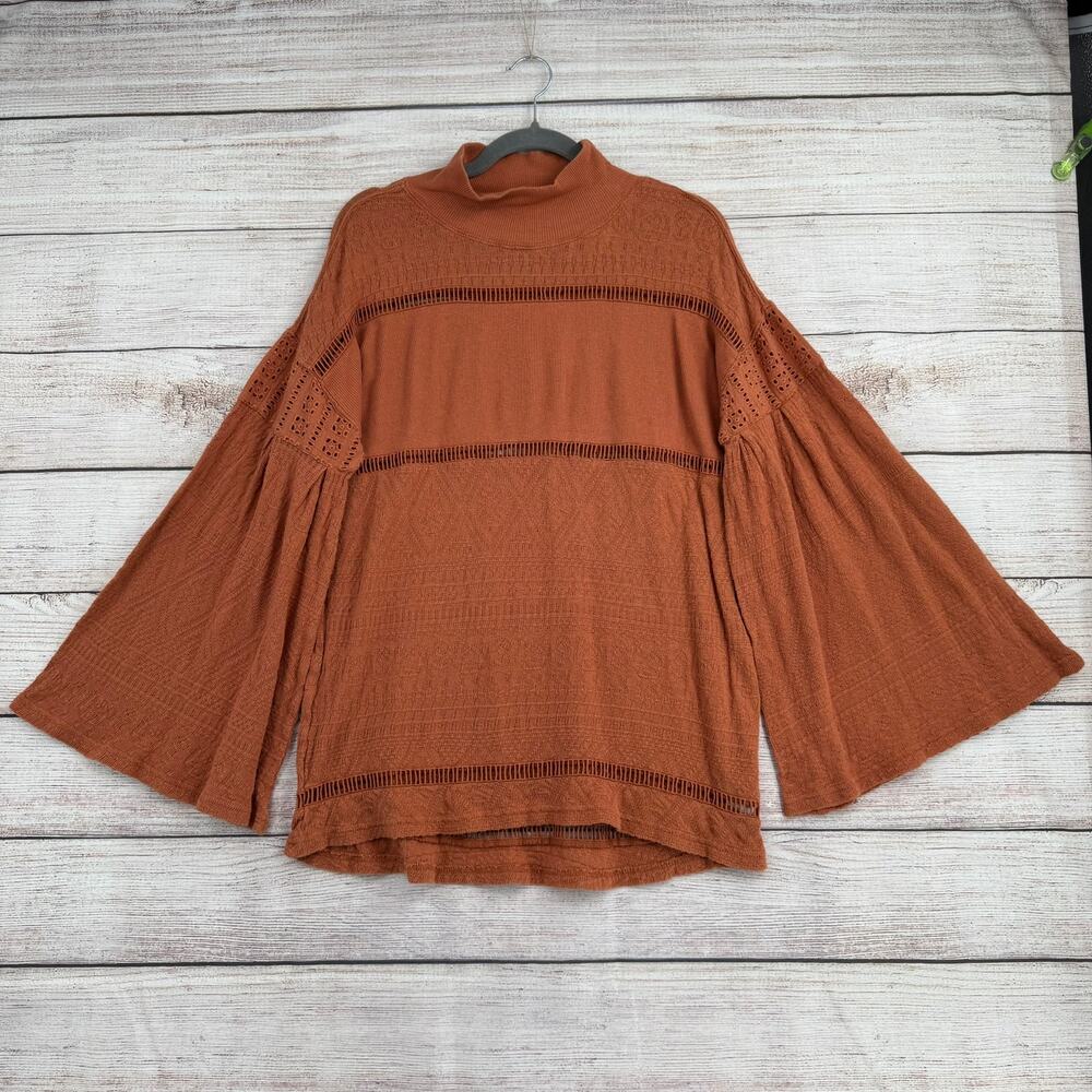 Free People Mock Neck Ladder‎ Stitch Flare Sleeve Tunic Blouse Womens XS Rust